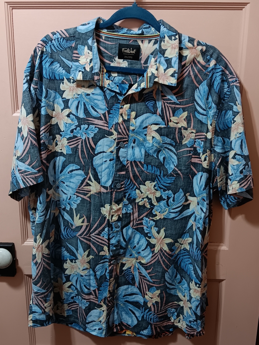 FARWEST Blue Floral Hawaiian Short-Sleeve Shirt